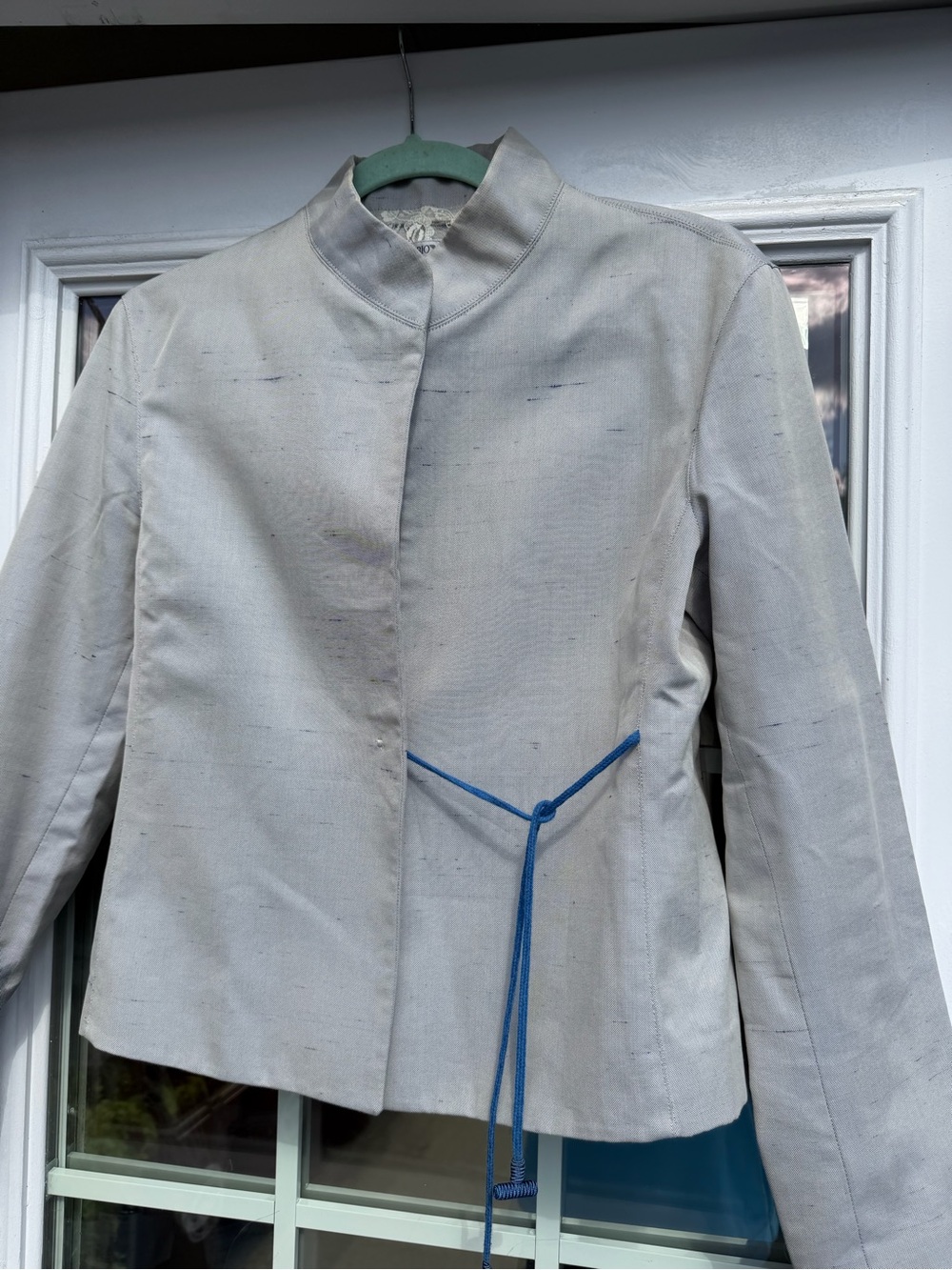 Vintage Emporio Armani Light Blue Mandarin Collar Jacket with Blue Tie Detail